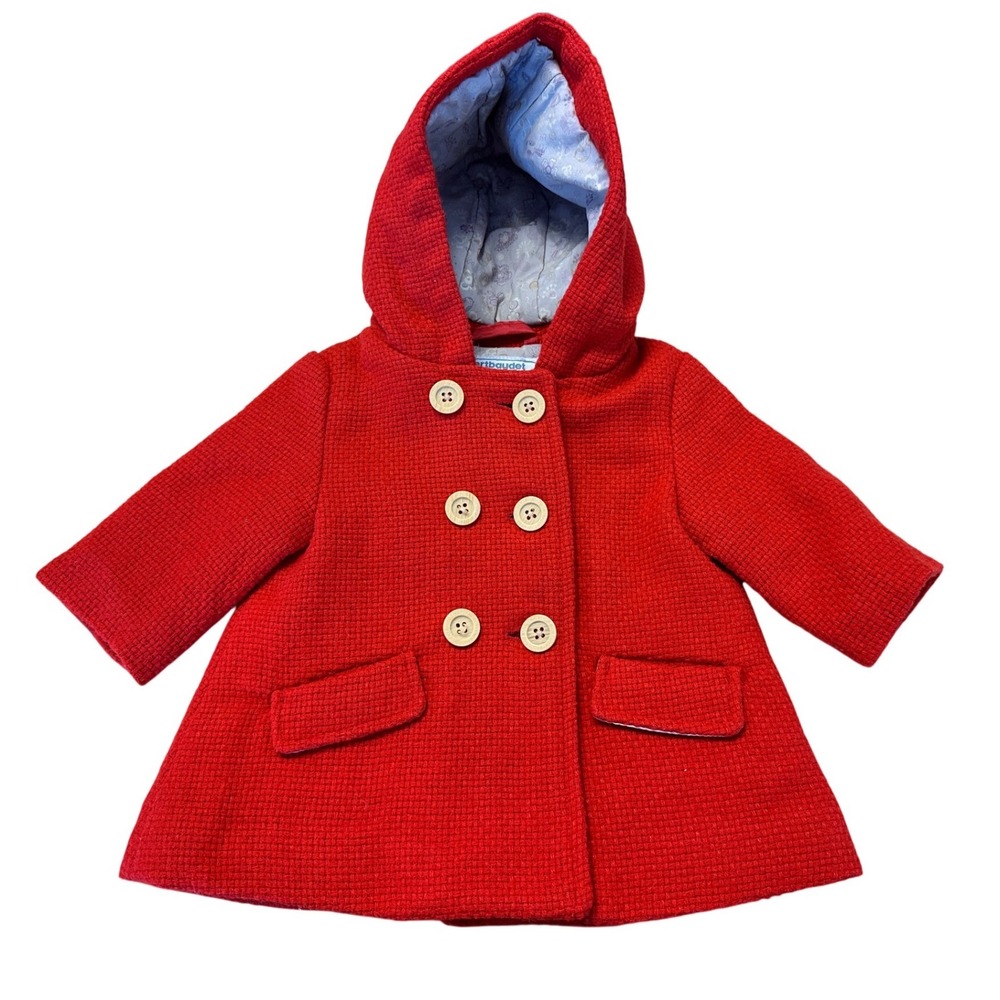 Vertbaudet Baby‎ Girl Red Textured Hooded Pea Coat Jacket 3 Months